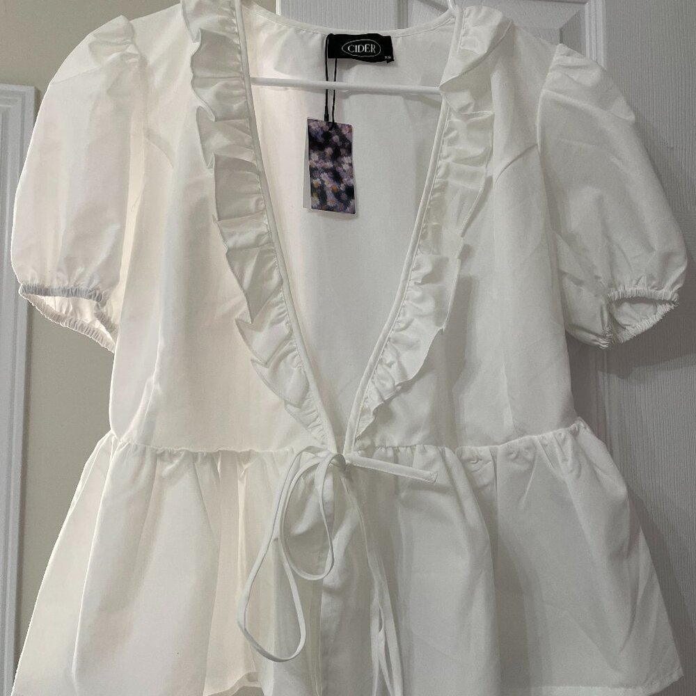 CIDER Puff Sleeved White Peplum Top - Size XS